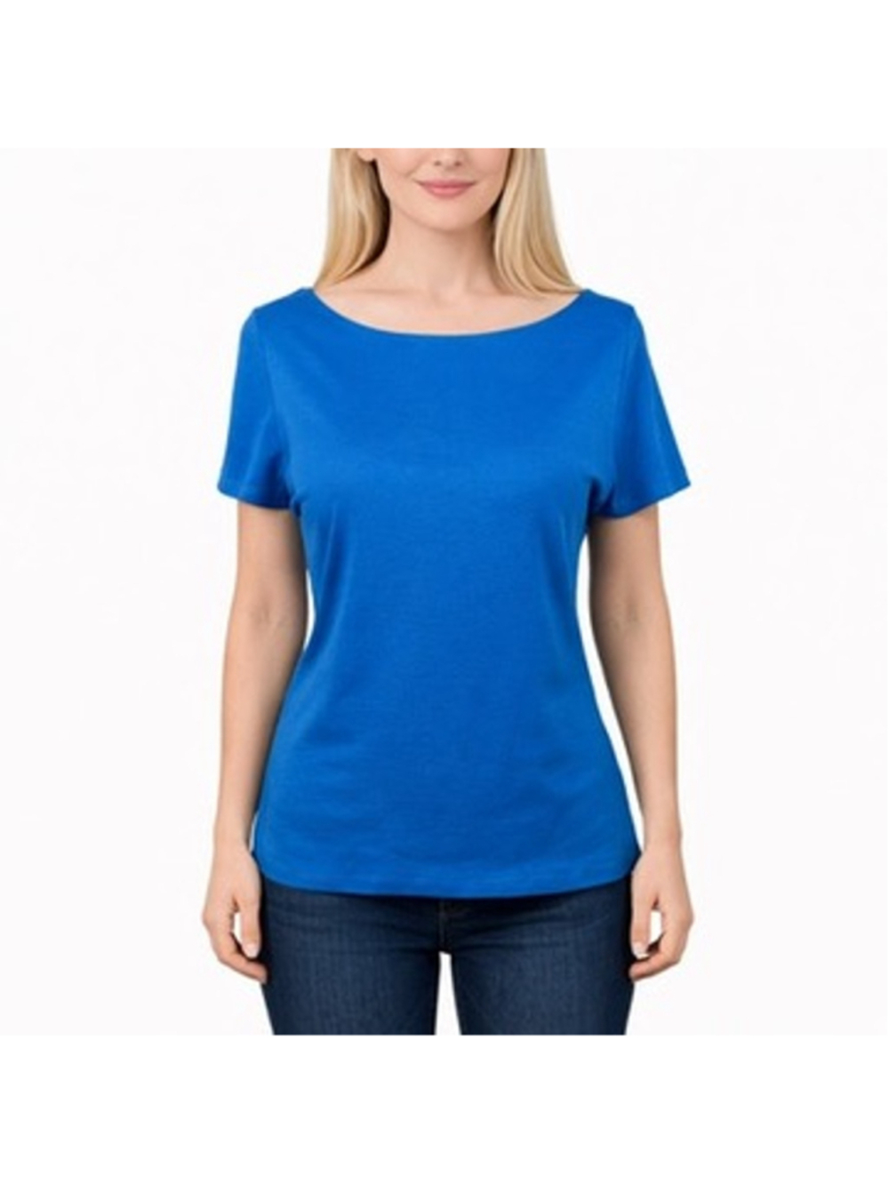 Lafayette 148 Blue Cotton Boatneck Top Minimalist Short Sleeve Luxury Tee size M